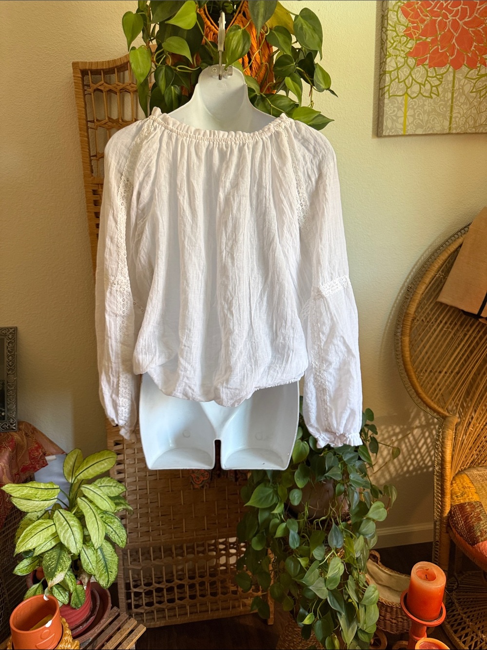 Boho Women’s White Peasant Blouse with beaded Tie Neck - Picture 5 of 5